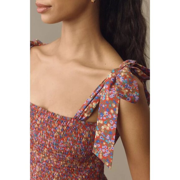 NWT Anthropologie Atsu Tie-Shoulder Smocked Mini Dress L Floral Red $198 Sundres - Picture 4 of 11